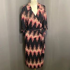 le chateau Black Wrap Dress with Pink and Beige Geometric Print